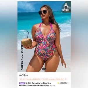 SHEIN BNWT women’s colorful halter swimsuit bright pink size 14 high cut leg